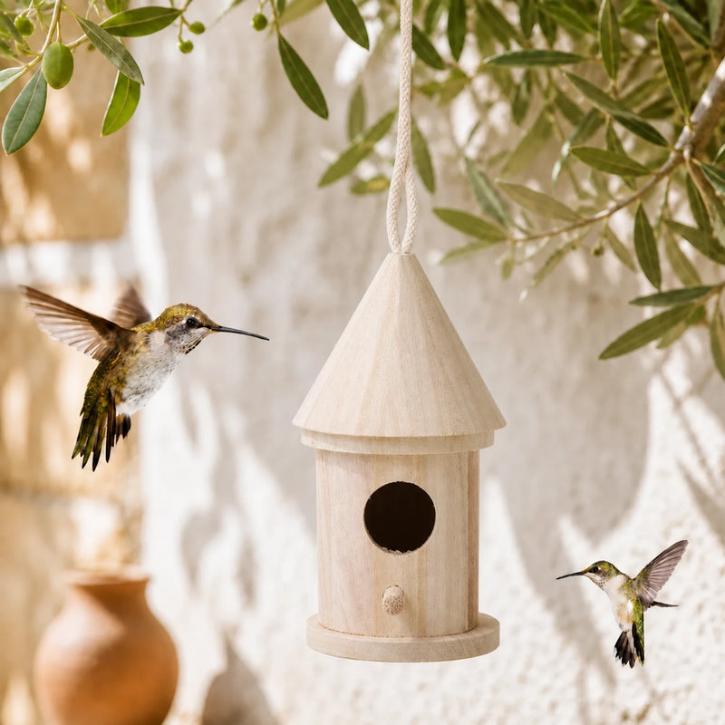 Hangend vogelhuisje cilindrisch van hout met dak kegelvormig