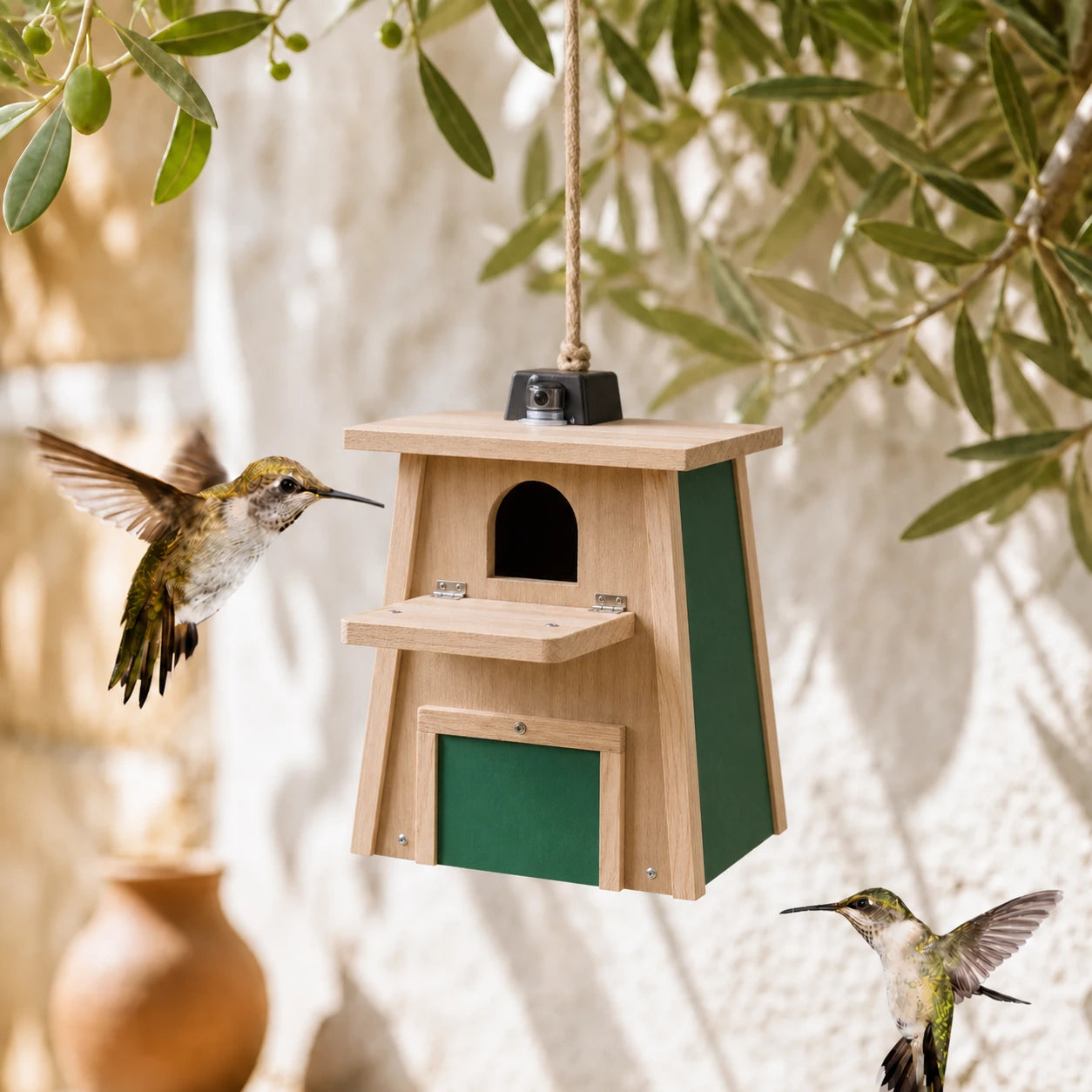 Vogelhuisje verbonden met balkon en panelen groen