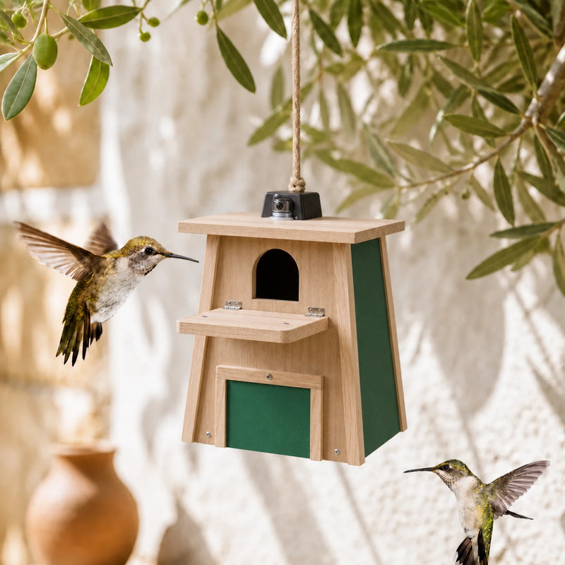 Vogelhuisje verbonden met balkon en panelen groen