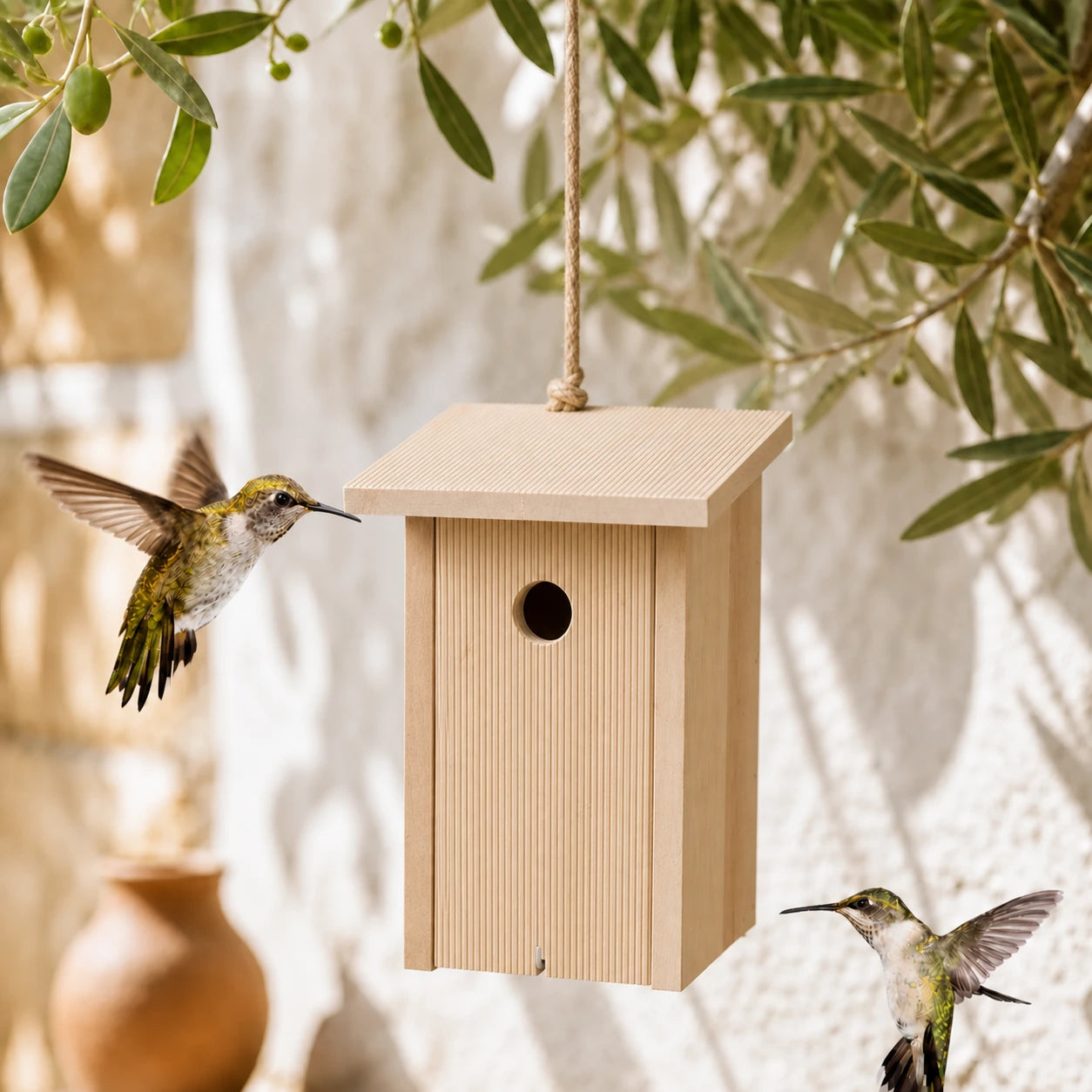 Houten vogelhuisje licht met voorkant gegroefd