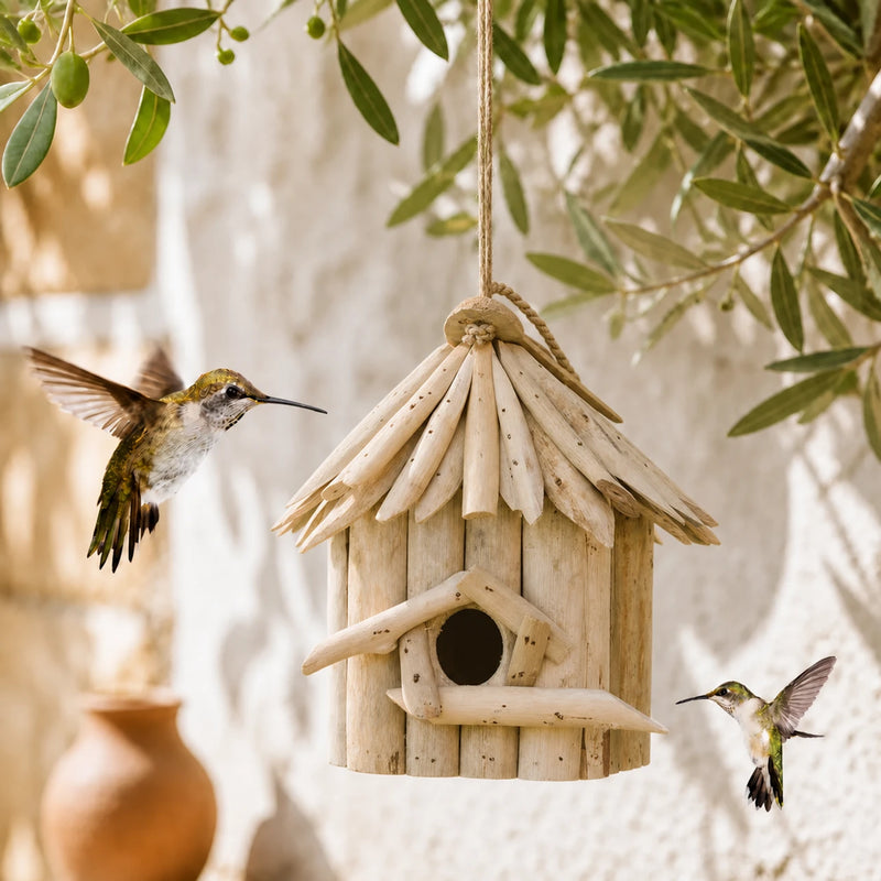 Hangend vogelhuisje van hout beige formaat 20 × 17 × 24 cm