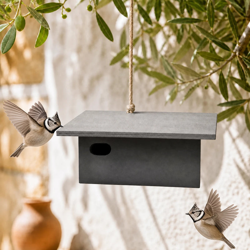Vogelhuisje horizontaal met dak zwart en ingang ovaal
