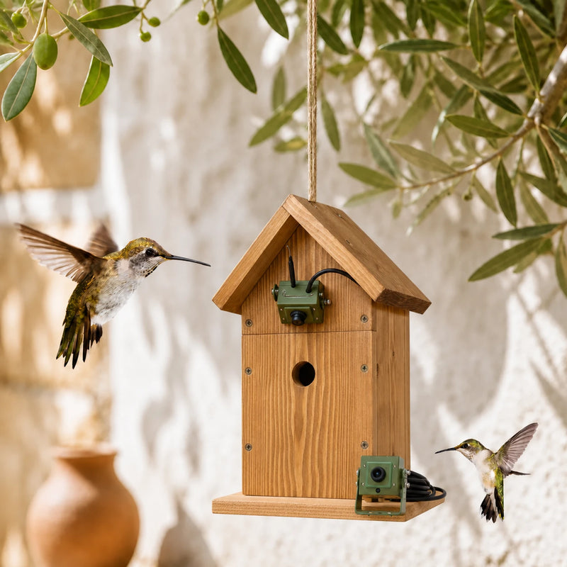 Vogelhuisje handgemaakt van hout bruin formaat 44 × 44 × 33 mm