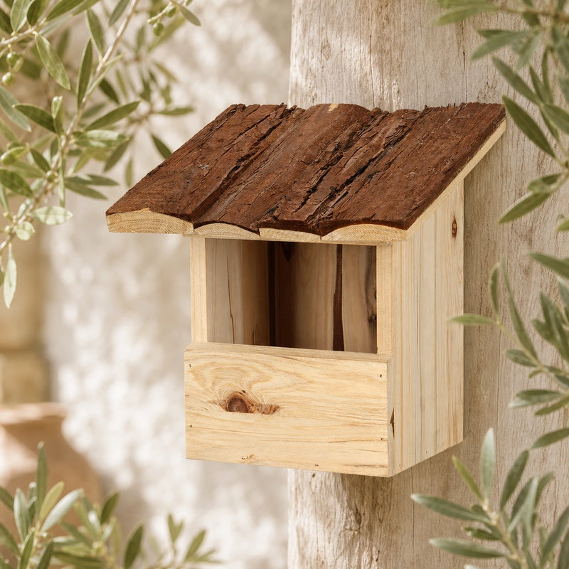 Vogelhuisje semi-open met dak van schors