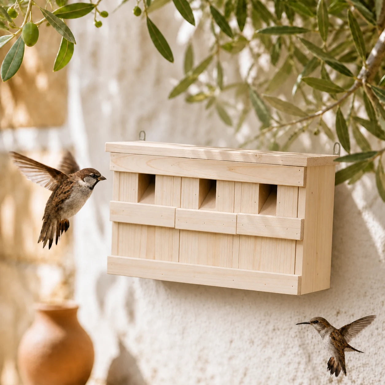 Vogelhuisje met 3 kamers van hout natuurlijk