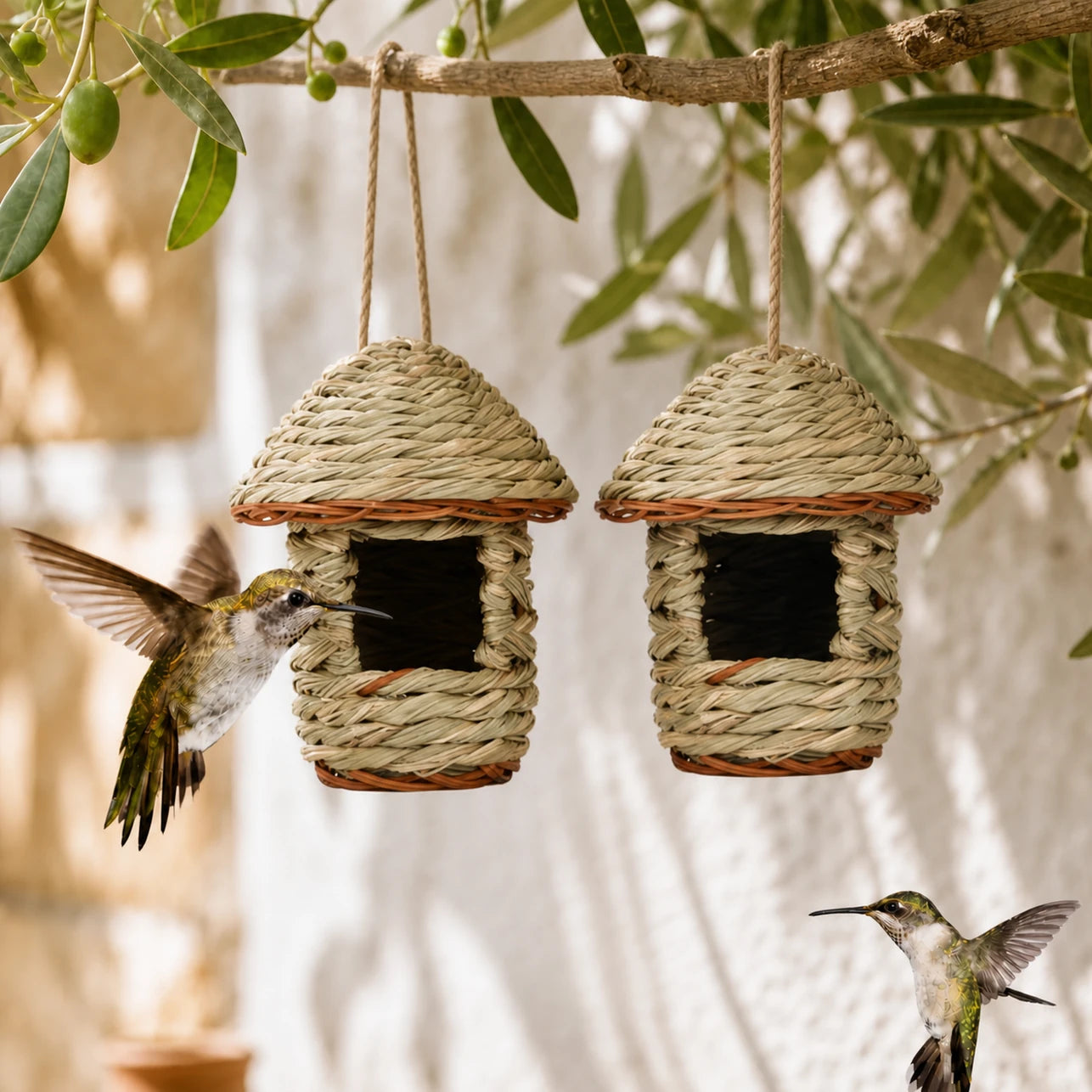 Set van 2 vogelhuisjes hangend van rotin met dak kegelvormig