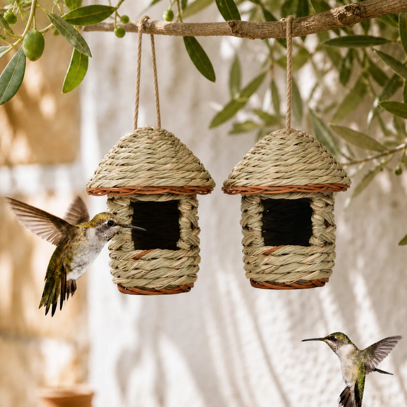Set van 2 vogelhuisjes hangend van rotin met dak kegelvormig