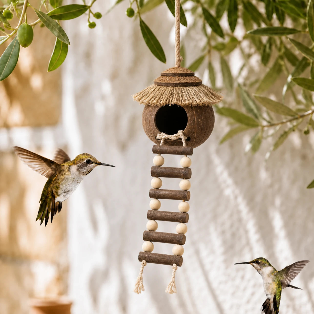 Hangend vogelhuisje van kokosnoot met dak van stro