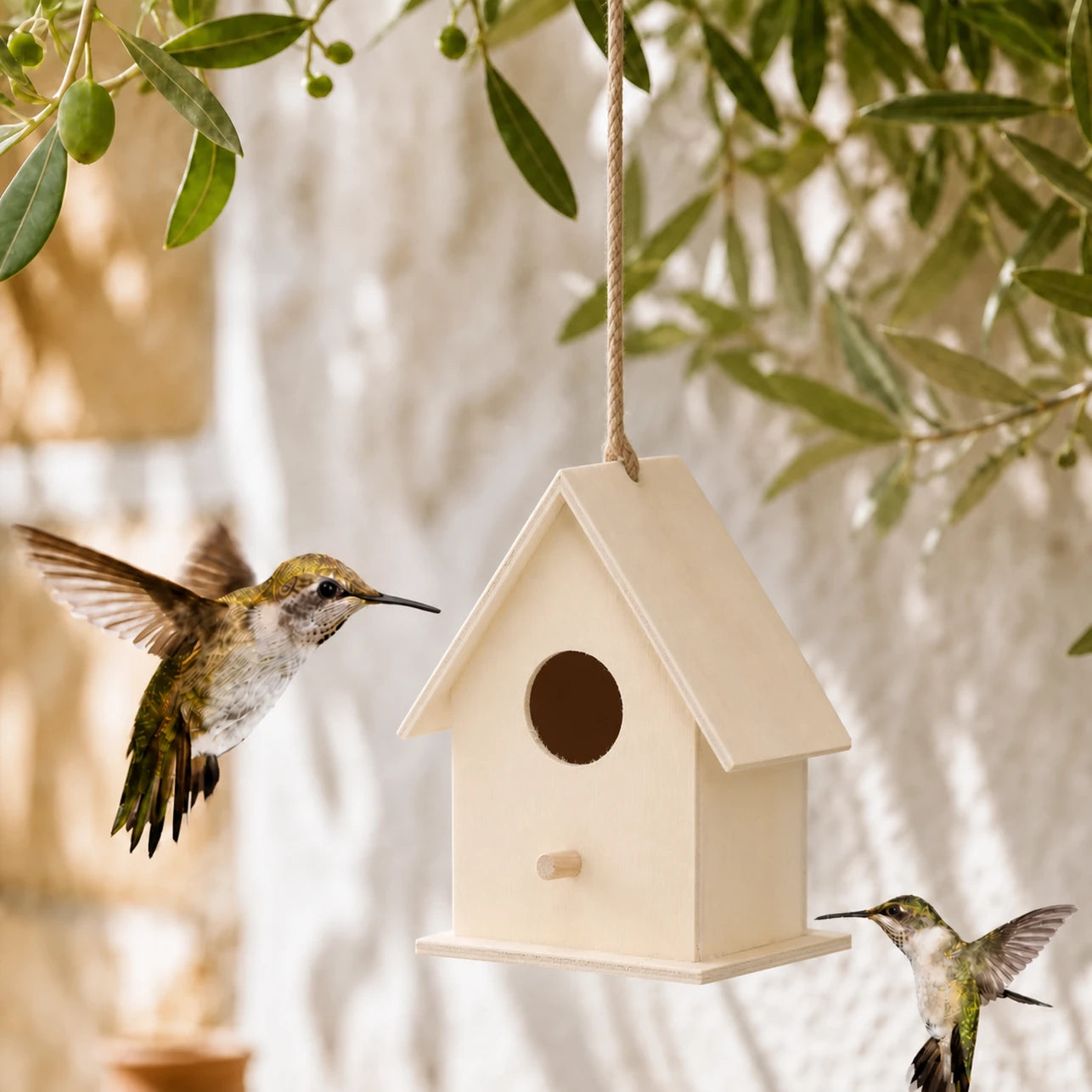 Houten vogelhuisje licht met dubbel ingang
