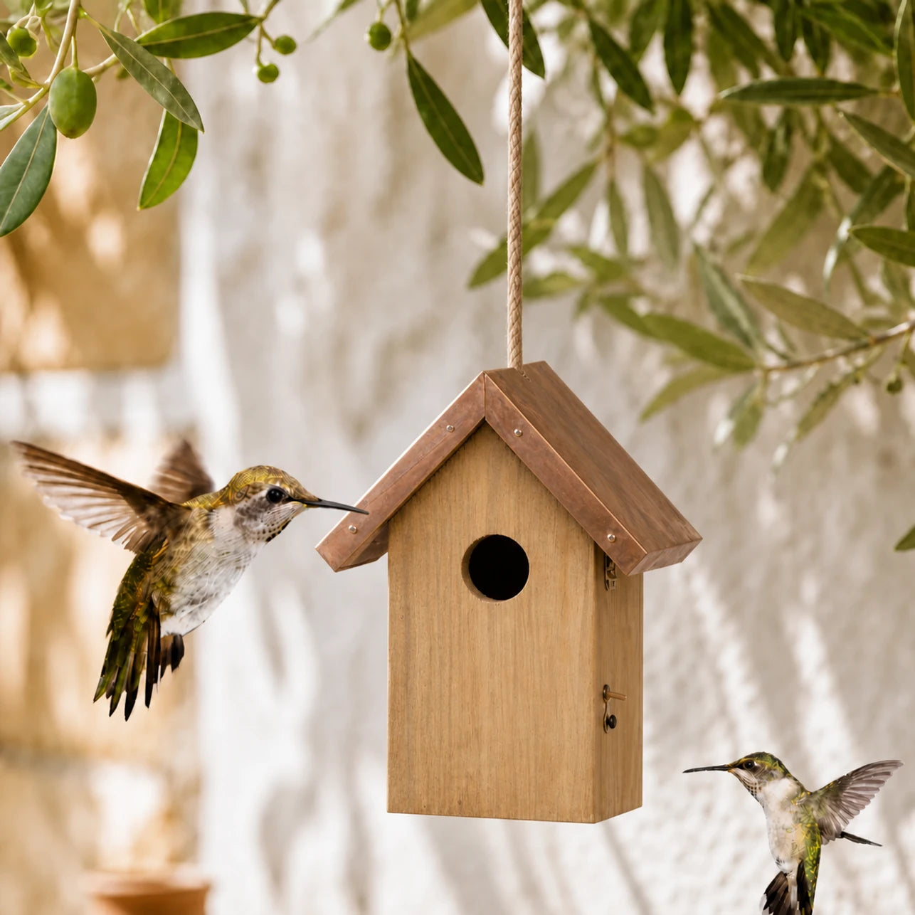Houten vogelhuisje met koperen dak bruin