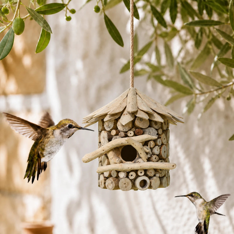 Vogelhuisje rustiek van stammen met dak schuin