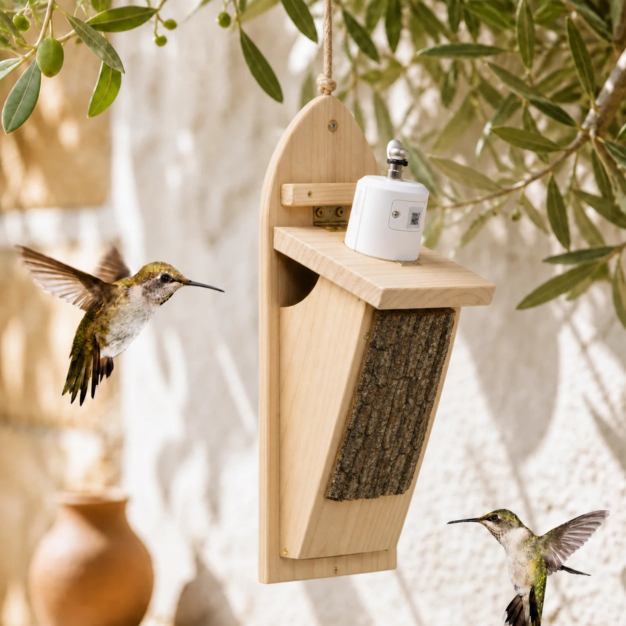 Vogelhuisje verbonden schuin met voorkant van schors