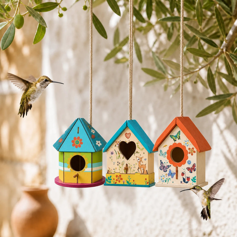 Set van 3 vogelhuisjes van hout
