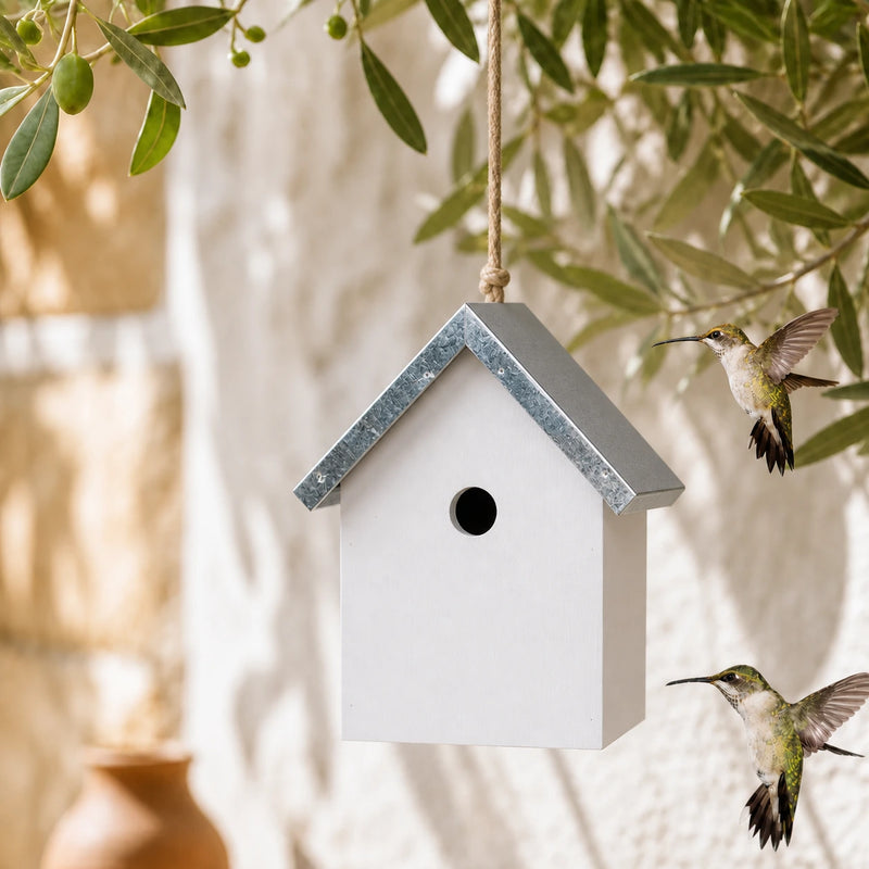Vogelhuisje wit met zinken dak dubbel slope
