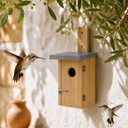 Houten vogelhuisje natuurlijk met zinken dak en paneel decoratief