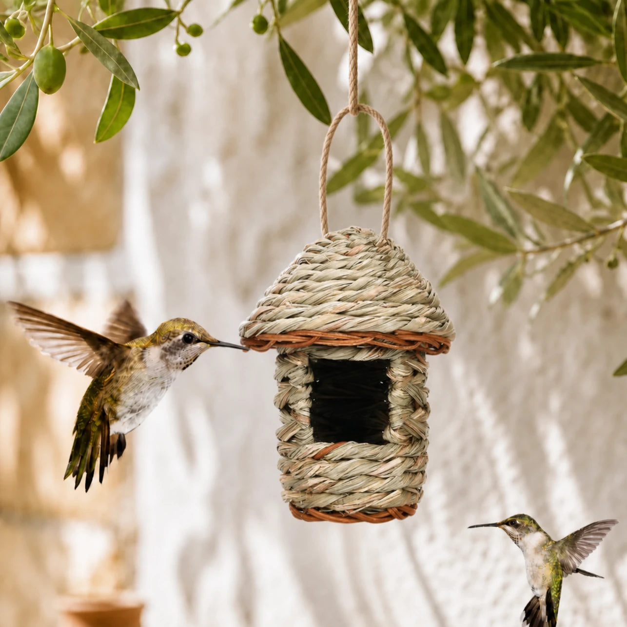 Hangend vogelhuisje van vezels gevlochten met dak kegelvormig