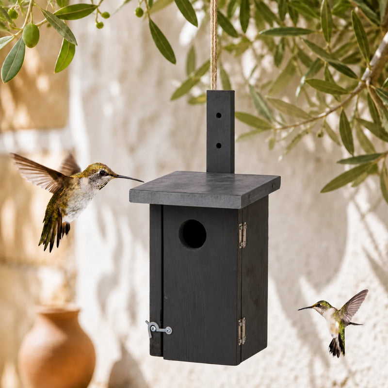 Houten vogelhuisje met zinken dak grijs