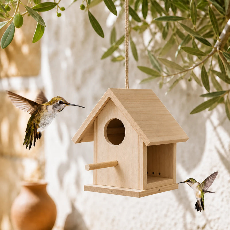 Houten vogelhuisje met zij open en zitstok