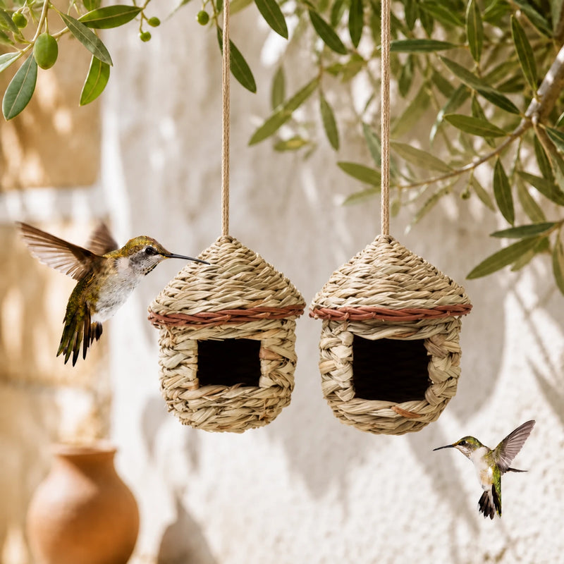 Set van 2 vogelhuisjes hangend van rotin beige