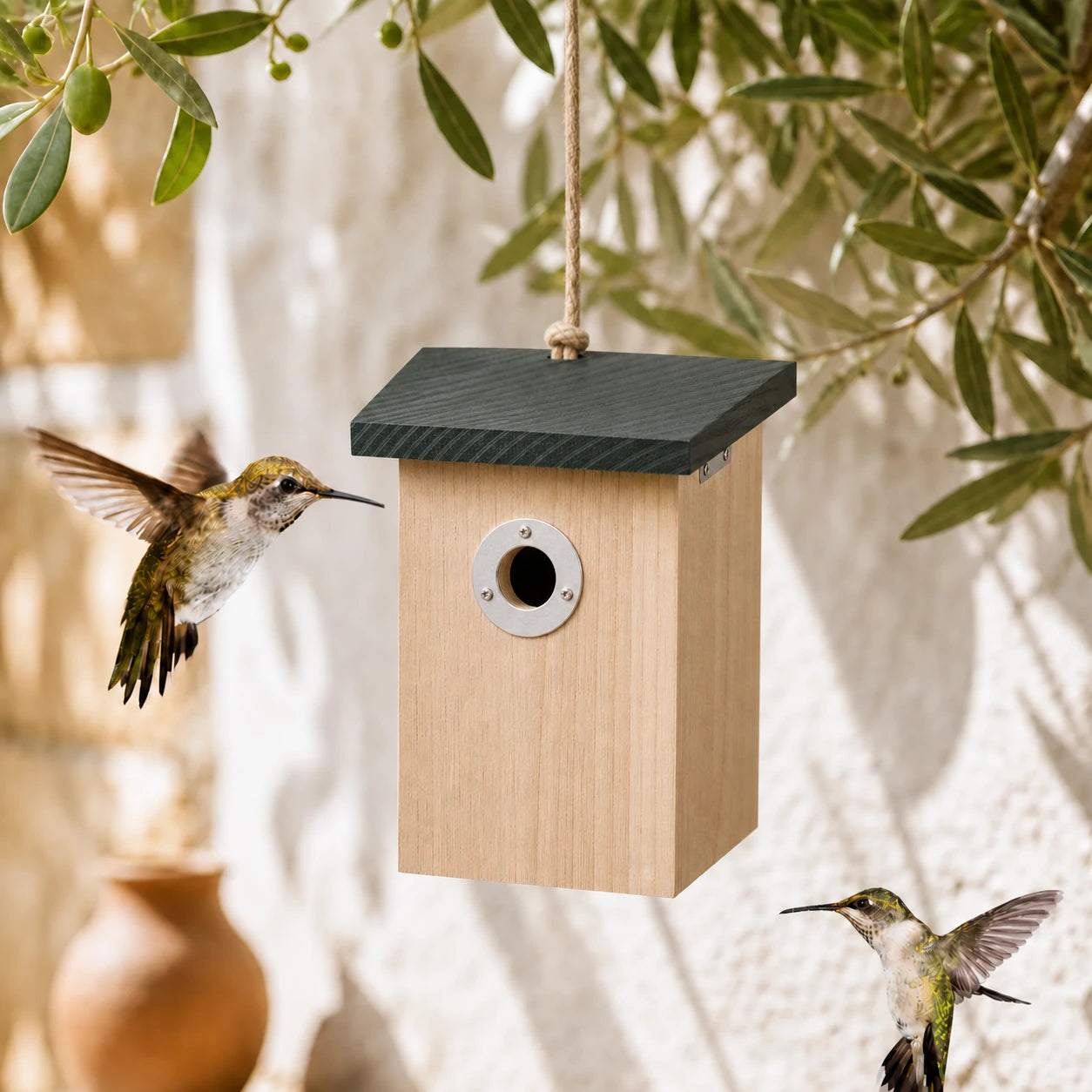 Vogelhuisje verbonden slank met dak zwart