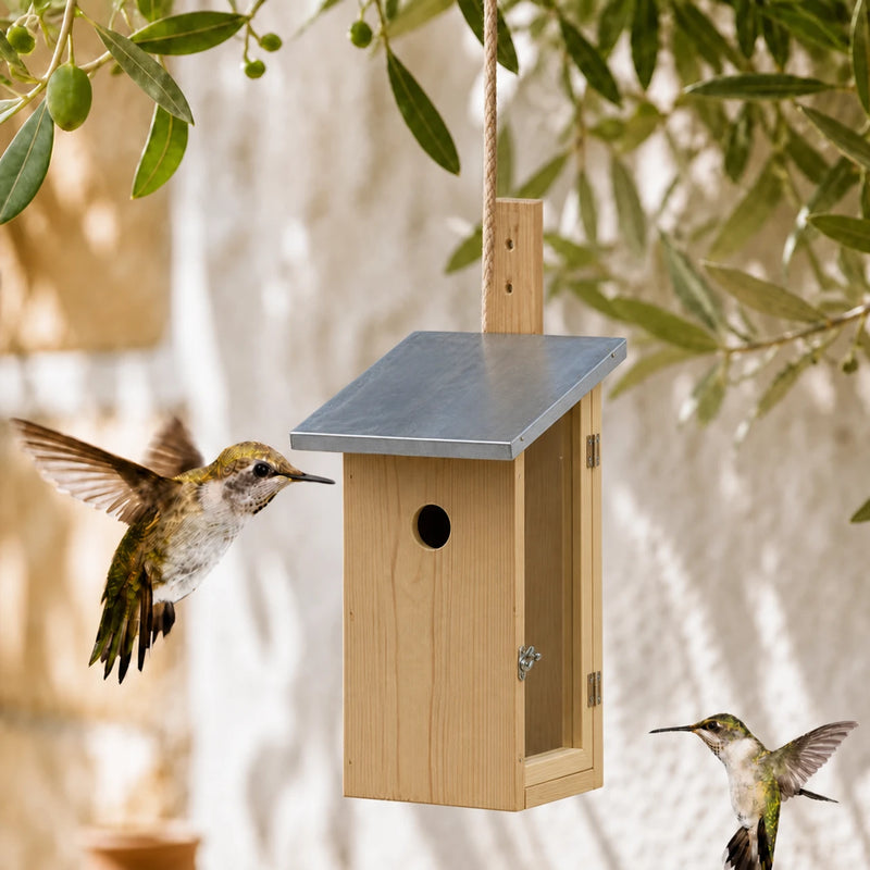Vogelhuisje observatie van hout met zinken dak blauw formaat 22 × 17 × 39 cm