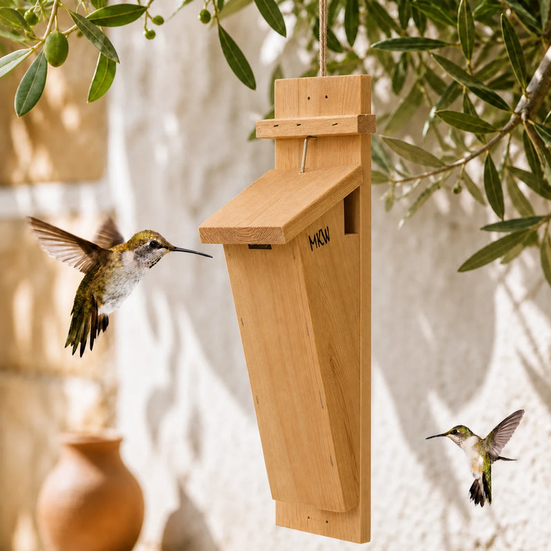 Vogelhuisje vertical van hout met voorkant schuin