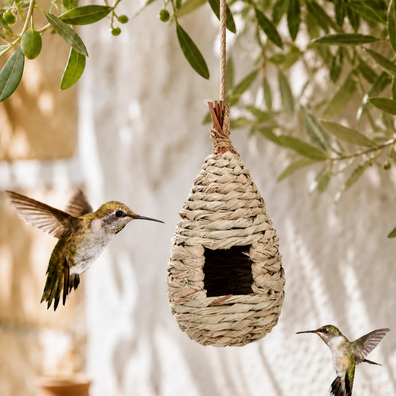 Hangend vogelhuisje van rotin wit