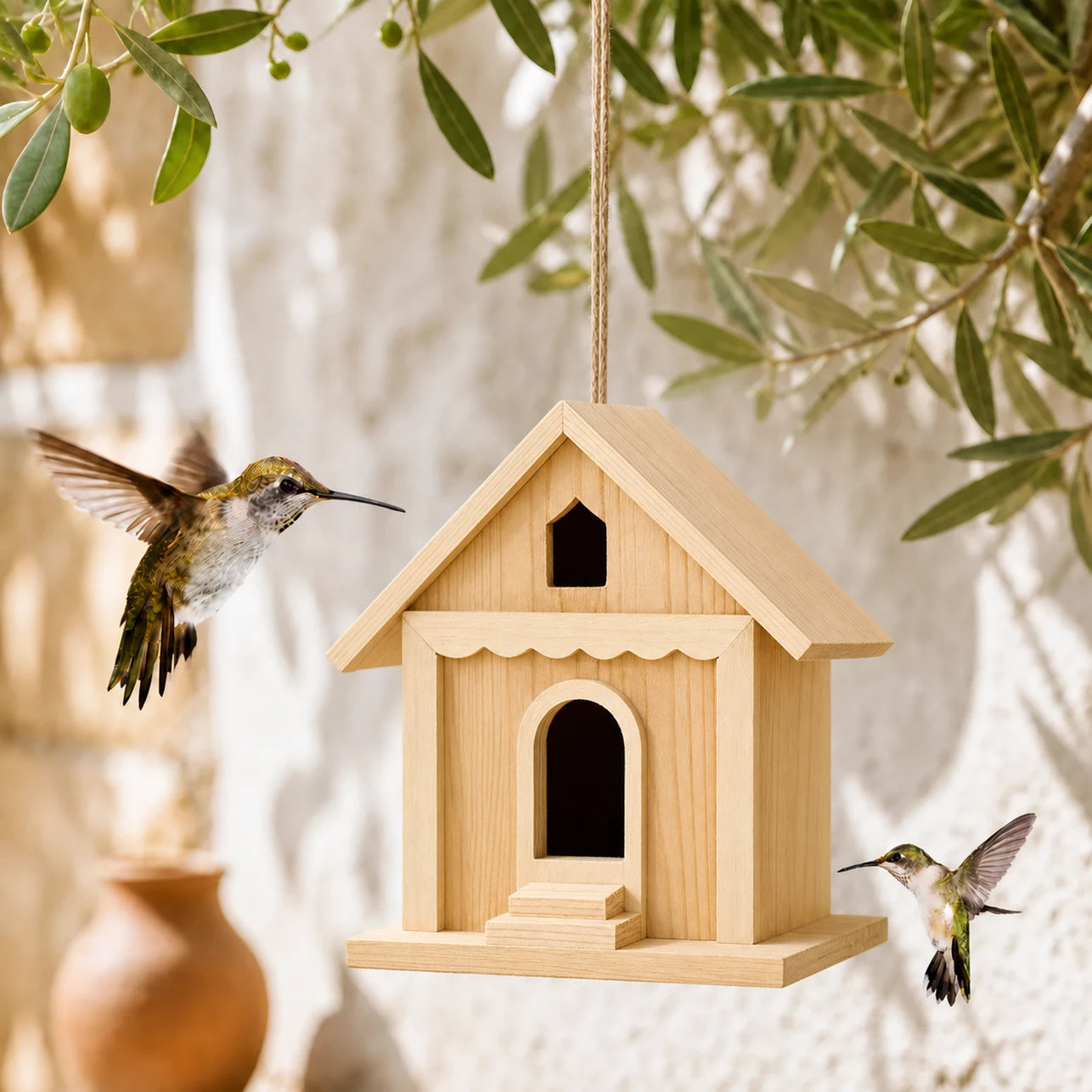 Houten vogelhuisje met dubbel ingang en afdak