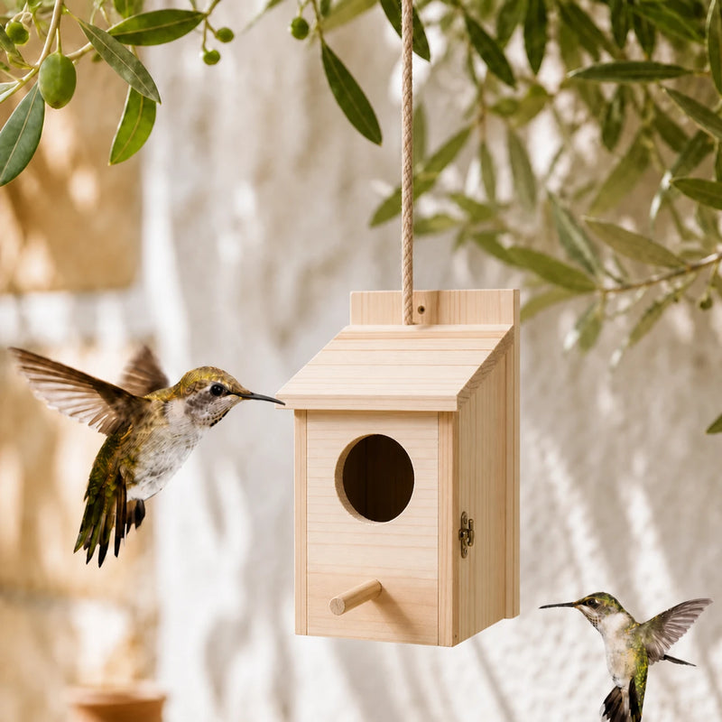 Hangend vogelhuisje van hout beige formaat 15 × 15 × 22 cm