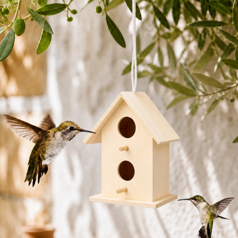Houten vogelhuisje licht met twee ingangen gestapeld