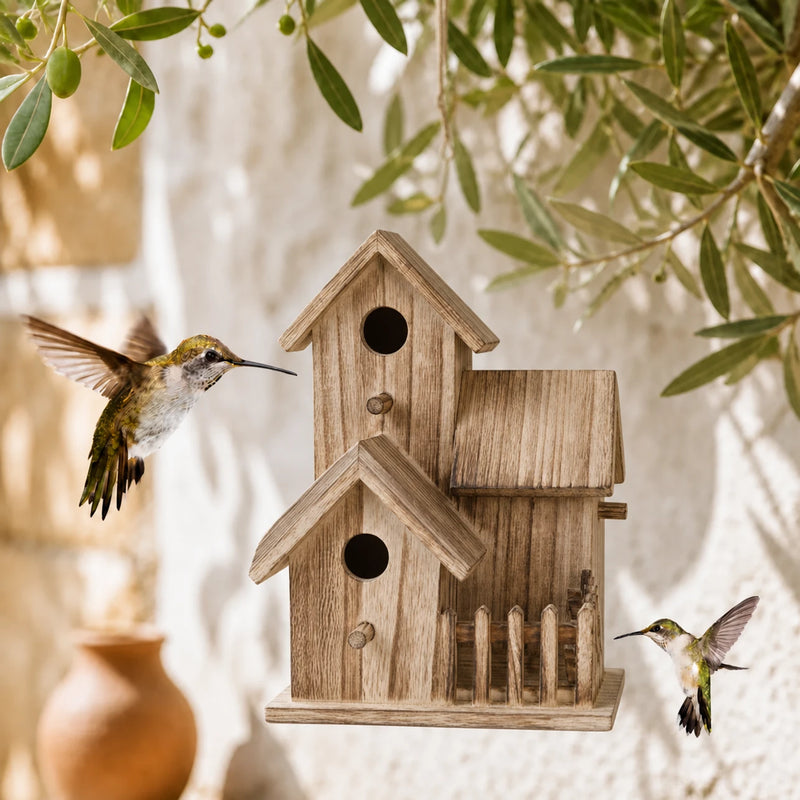 Vogelhuisje dubbel van hout met twee niveaus
