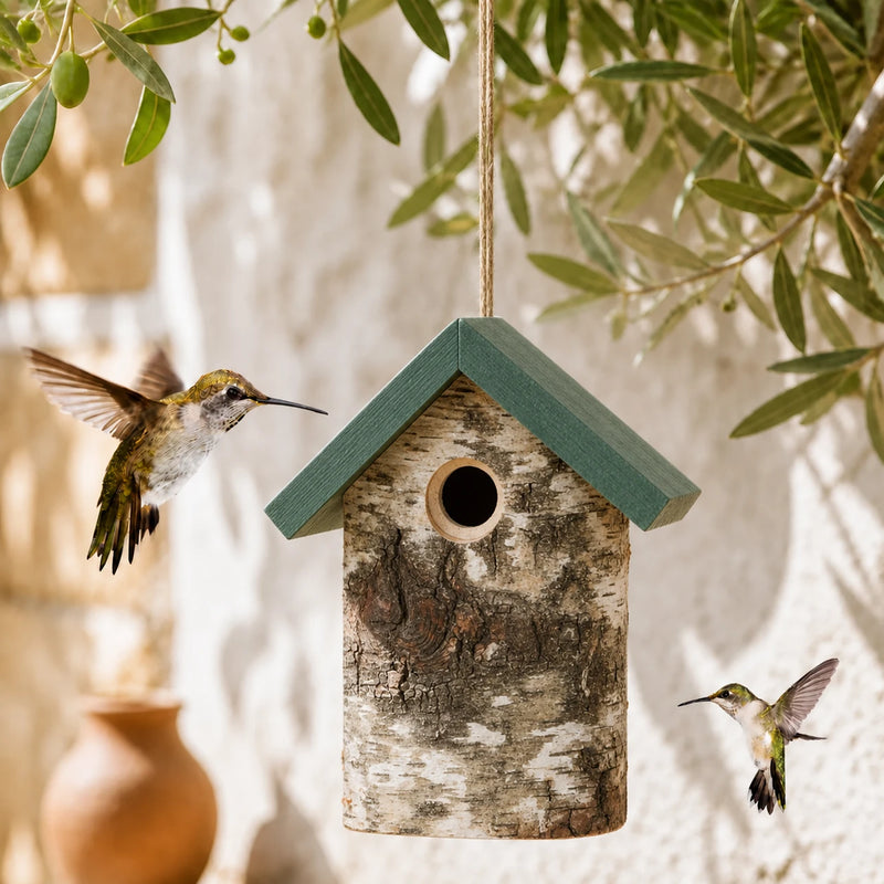 Vogelhuisje rustiek van schors met groendak