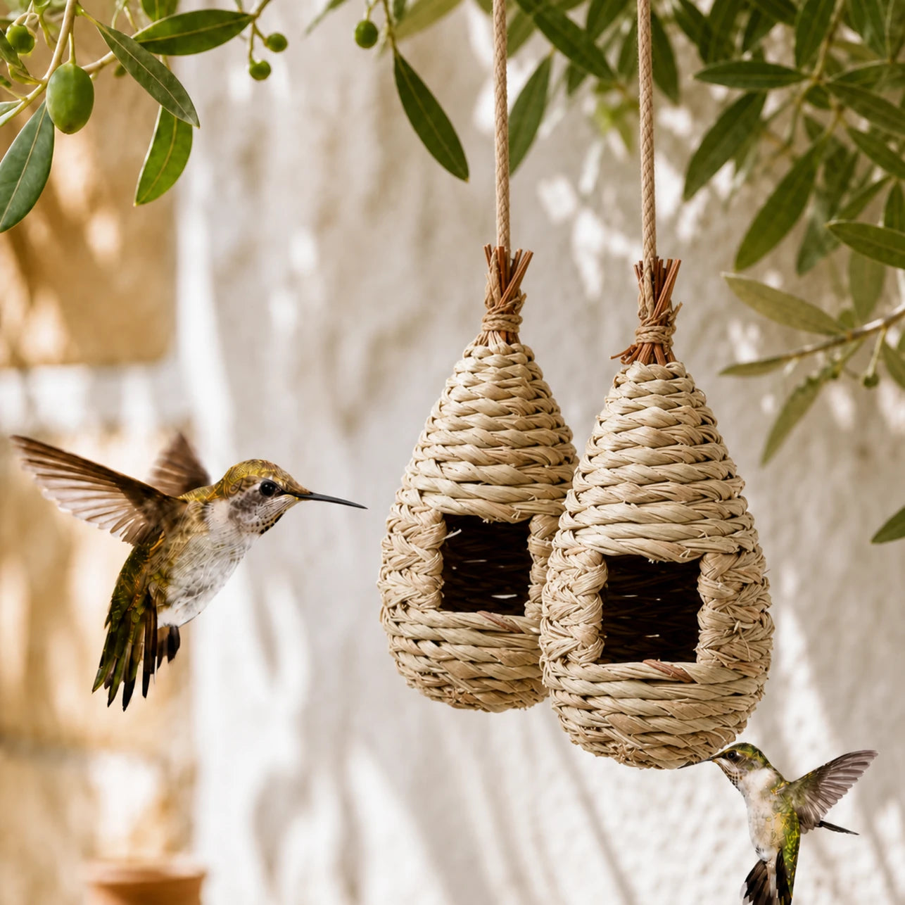 Set van 2 vogelhuisjes hangend beige formaat 11,5 × 22 cm