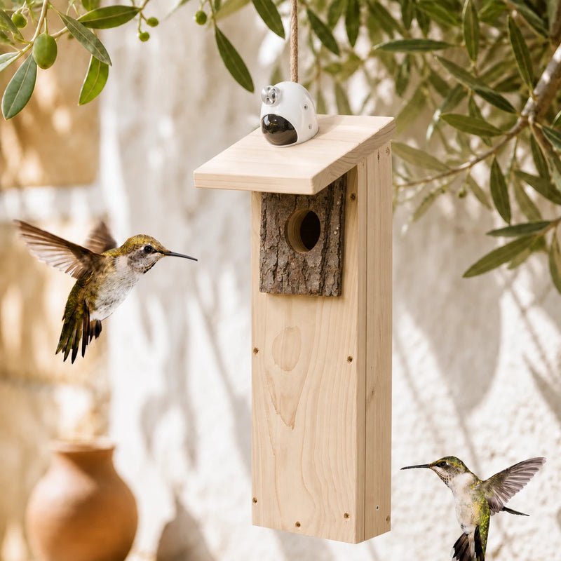 Vogelhuisje verbonden vertical met voorkant van schors