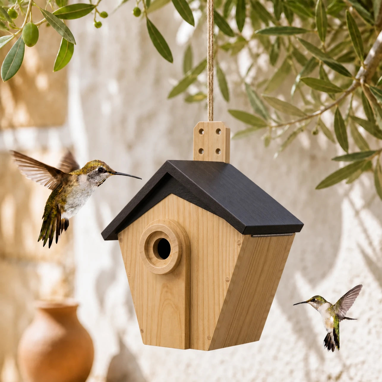 Houten vogelhuisje bruin met dak zwart en ingang versterkt