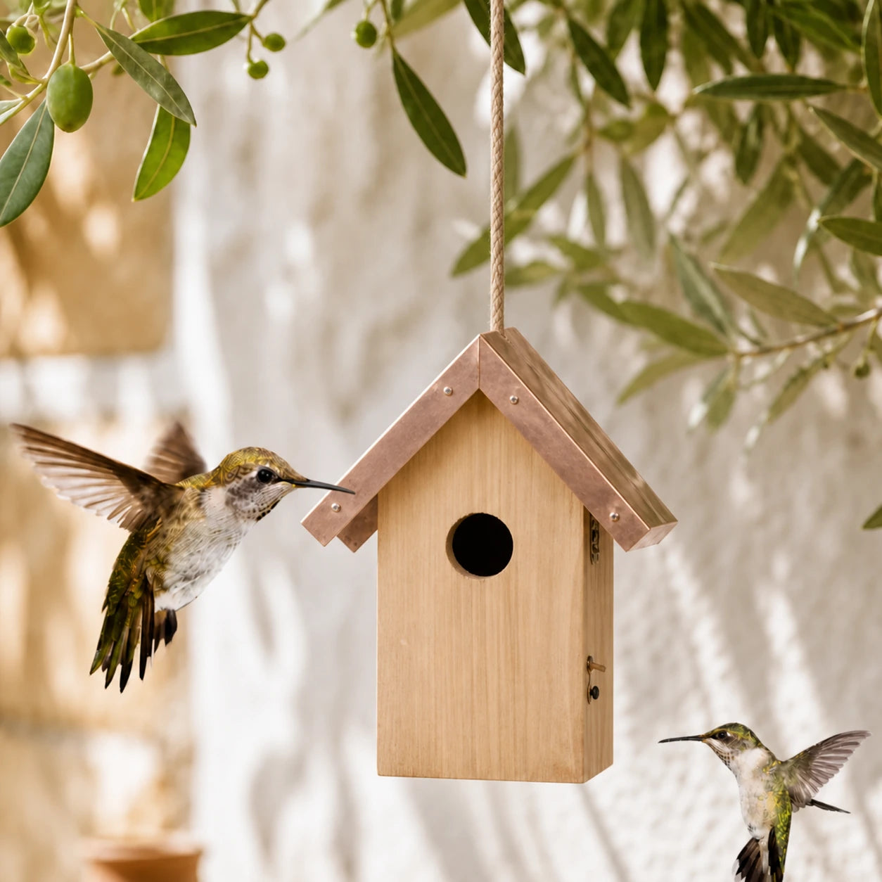 Vogelhuisje met dak koper ingang 30 mm