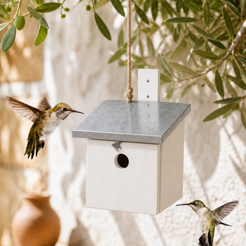 Vogelhuisje wit met dak plat van zink 32 mm