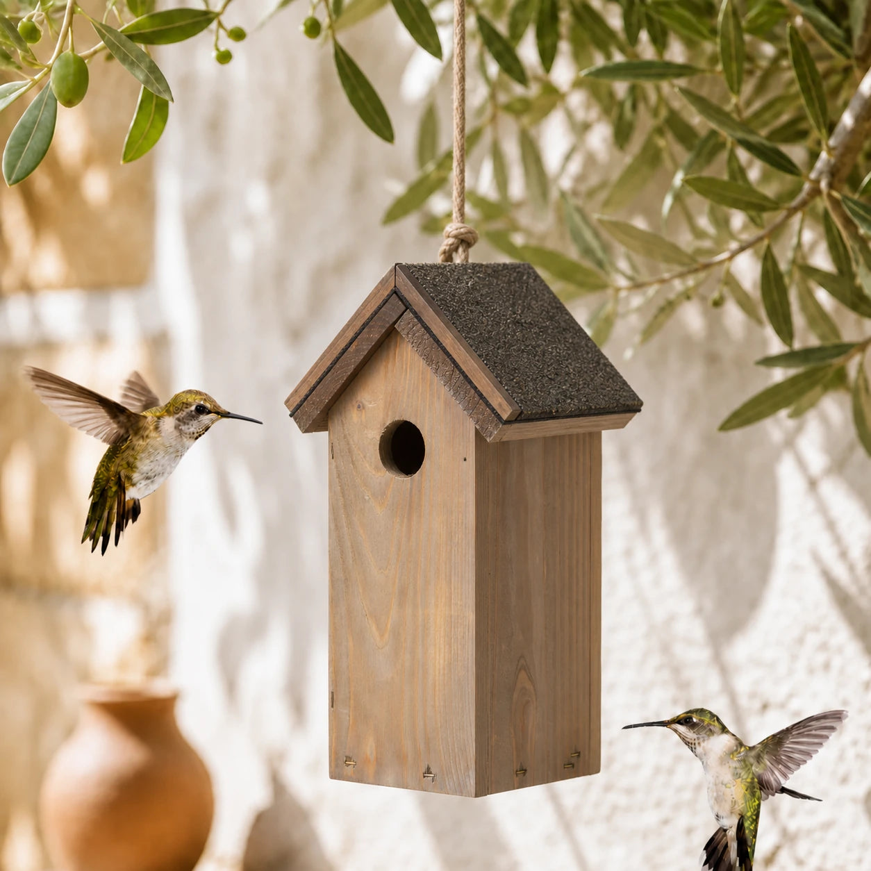 Vogelhuisje slank bruin met dubbel bitumendak