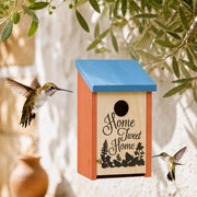 Vogelhuisje decoratief van hout oranje met dak blauw