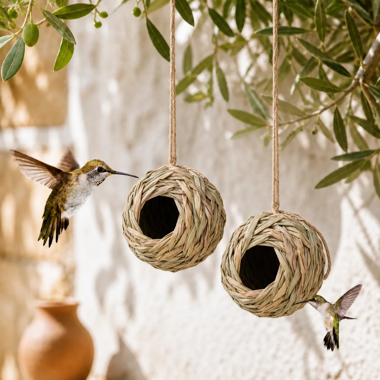 Set van 2 vogelhuisjes hangend rond van vezels gevlochten