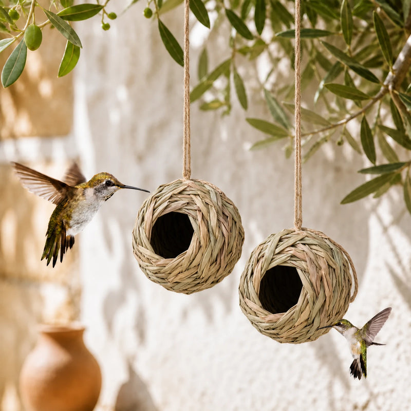 Set van 2 vogelhuisjes hangend rond van vezels gevlochten