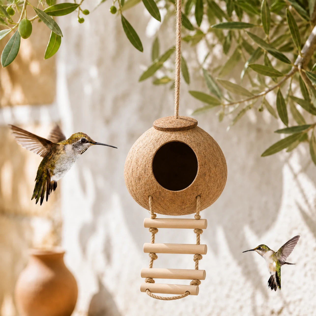 Hangend vogelhuisje van kokosnoot met schommel