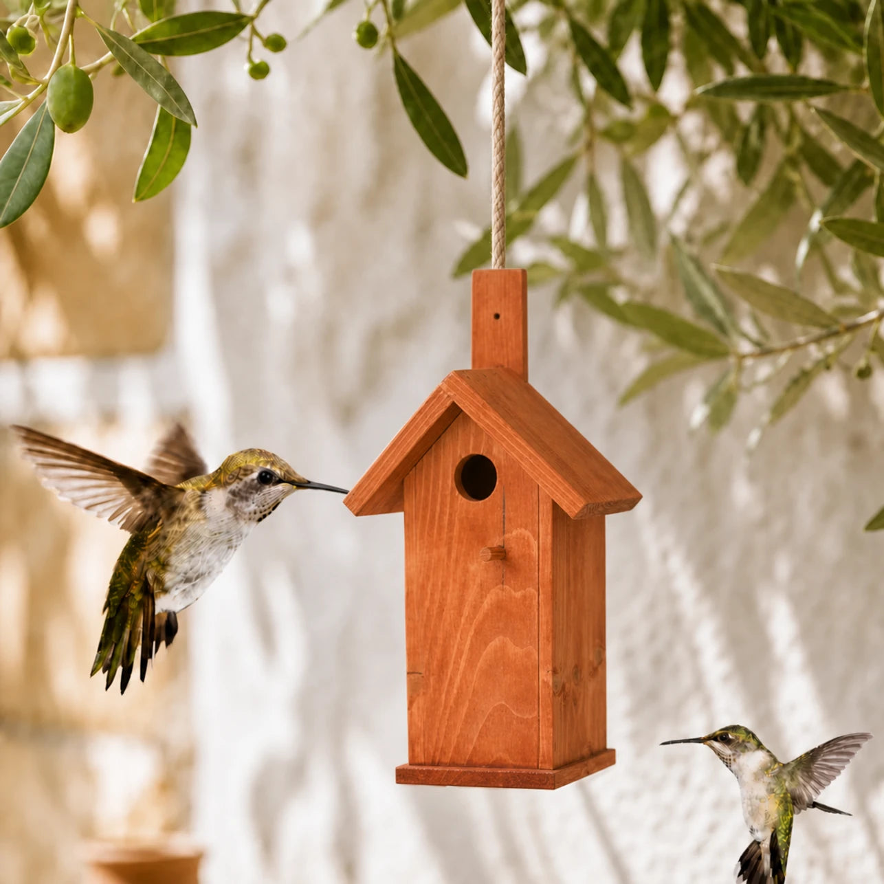 Hangend vogelhuisje van hout rood formaat 33 × 10 cm