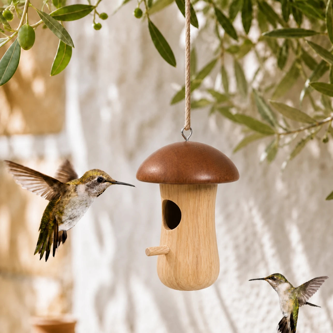 Hangend vogelhuisje van vorm van paddenstoel bruin