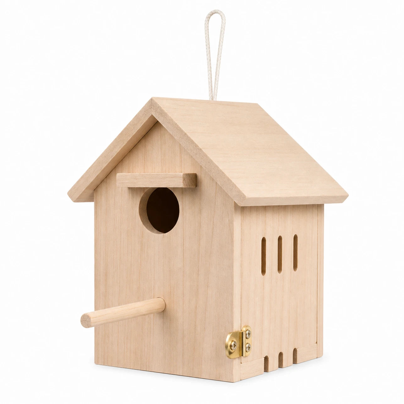 Houten vogelhuisje met zij open en zitstok — foto 2