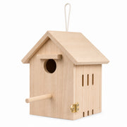 Houten vogelhuisje met zij open en zitstok — foto 2
