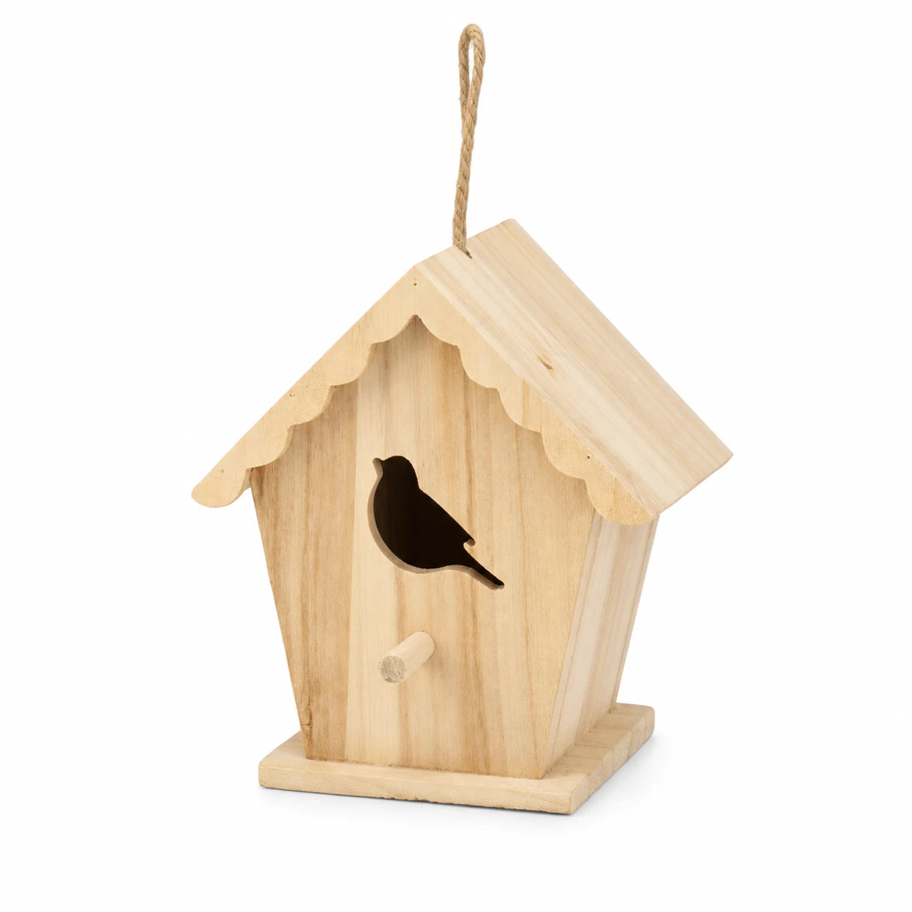 Houten vogelhuisje met voorkant cut-out en dak gegolfd — foto 2