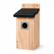 Houten vogelhuisje beige met dak zwart en ingang metaal — foto 2