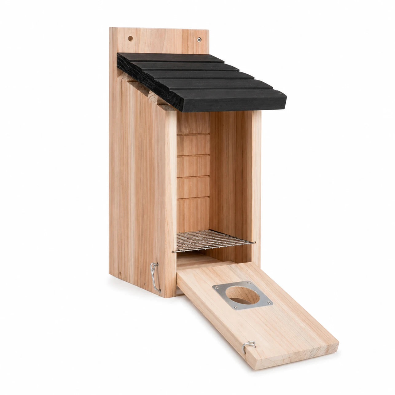 Houten vogelhuisje beige met dak zwart en ingang metaal — foto 3
