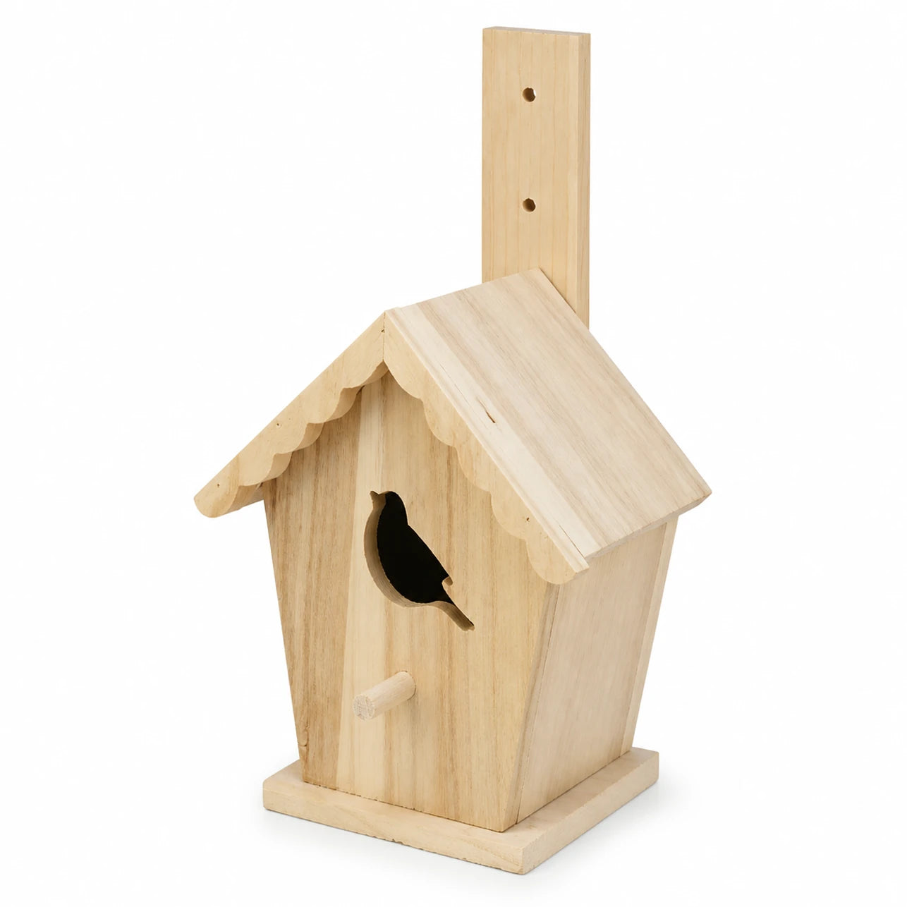 Houten vogelhuisje met voorkant cut-out en dak gegolfd — foto 3